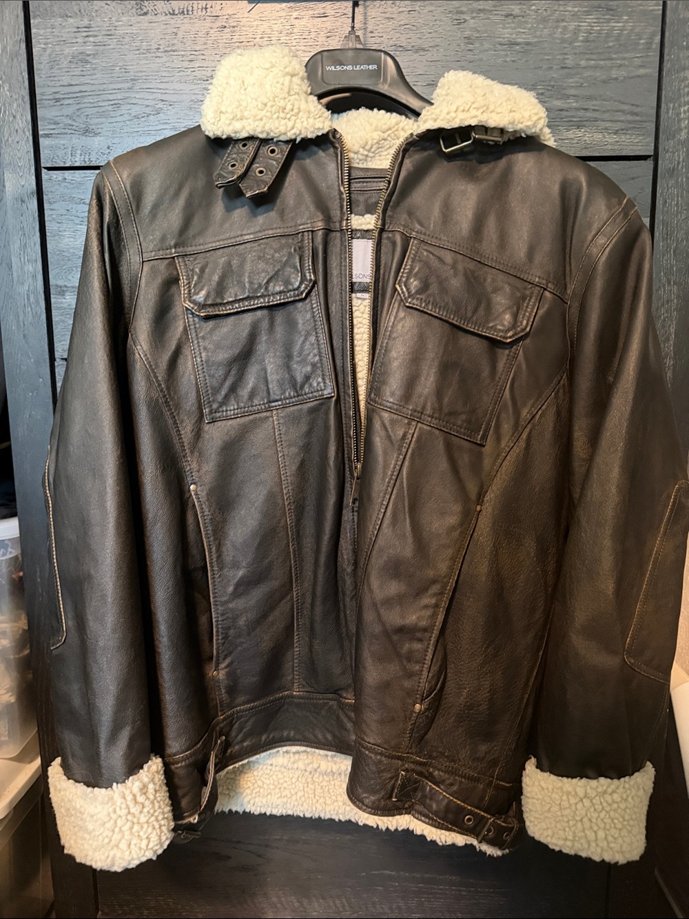 Wilsons Leather | NWOT Dark Brown Leather Bomber Jacket with Cream Shearling